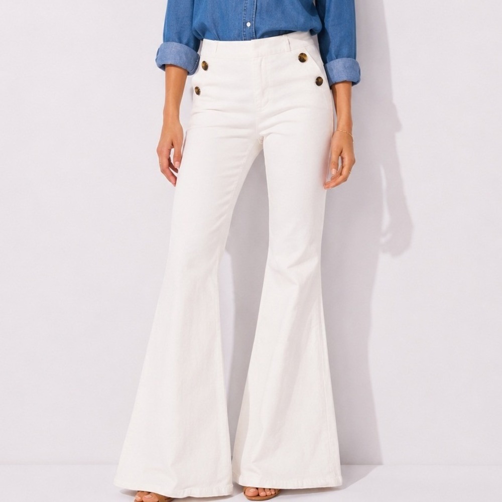 TCEC Womens White High Waisted Flare Bell Bottom Pants Side Zip Nautical Size M